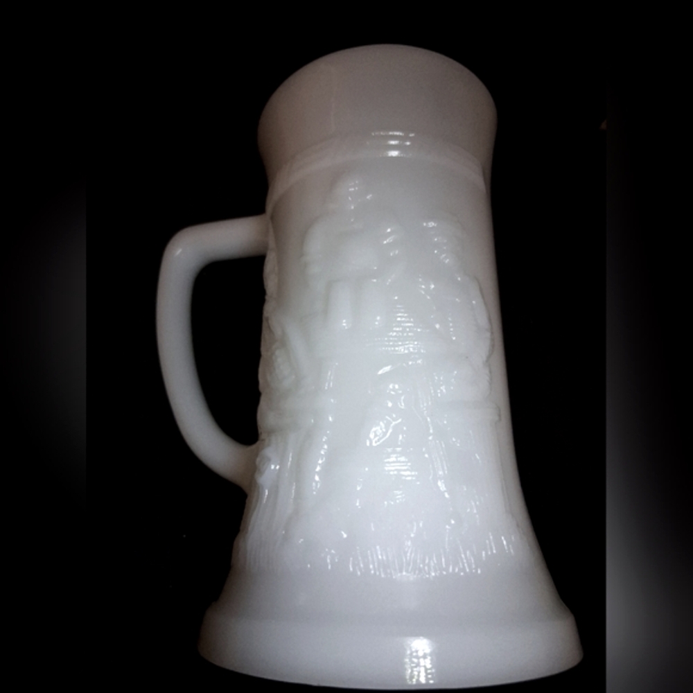 Mid‑Century (60s-70s) Federal Milk Glass Beer Steins – Embossed Tavern Reliefs - Picture 2 of 7